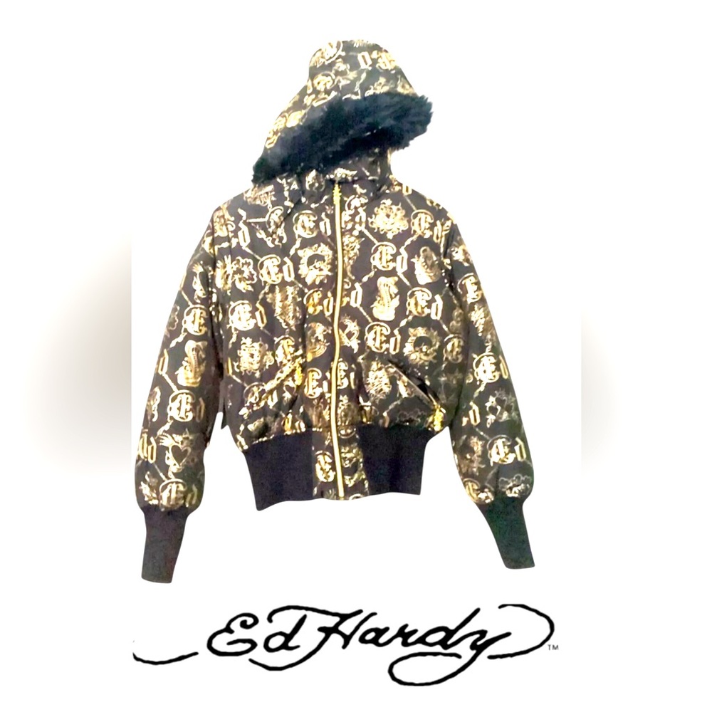 Ed Hardy by Christian Audigier Cropped Puffer Bomber Jacket NWT Medium